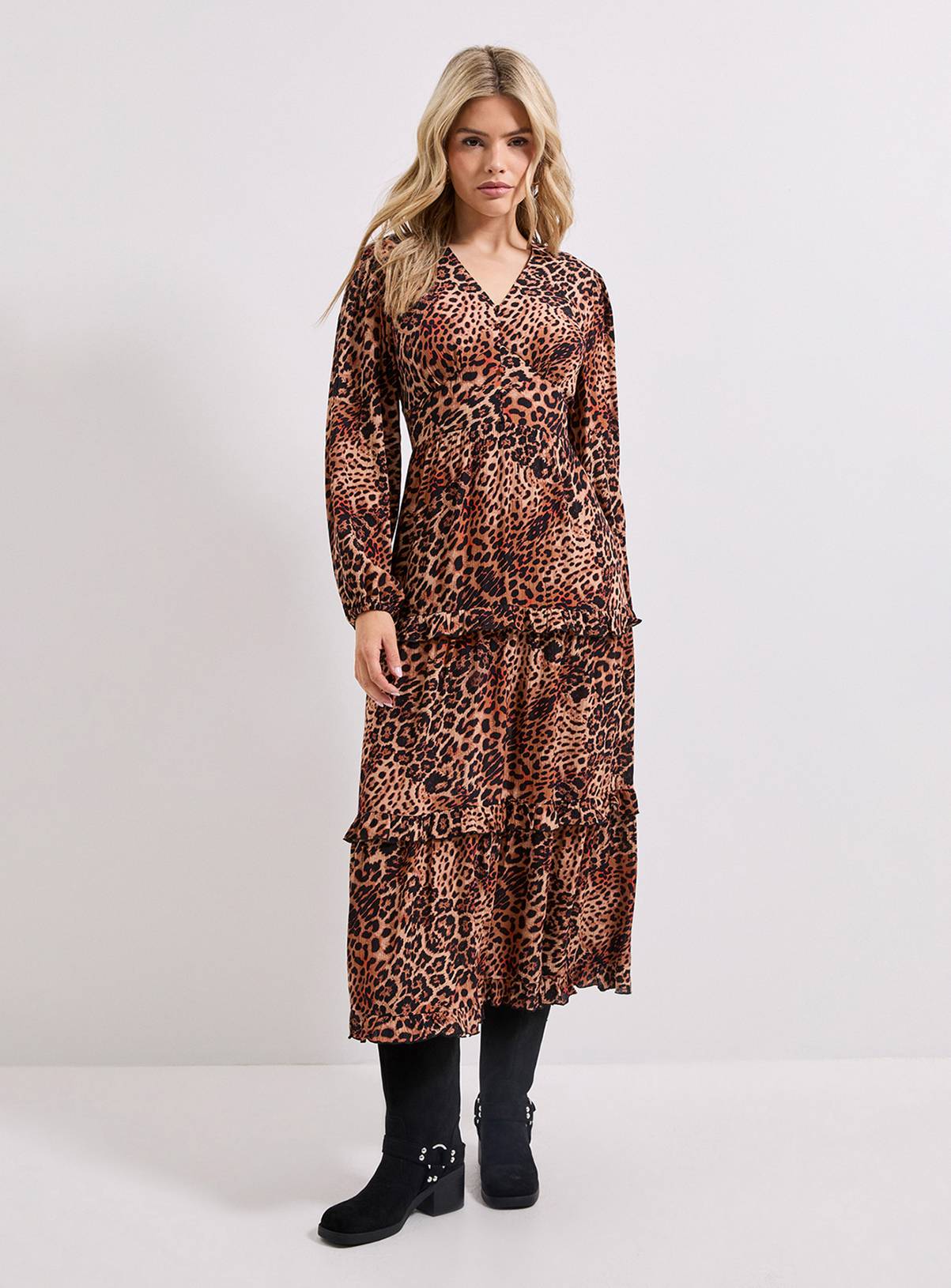 DOROTHY PERKINS Leopard Button Through Blouson Sleeve Tiered Frill Midi Dress 8 - Image 1